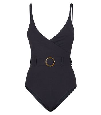 Image of Black Belted Crinkle Wrap Swimsuit New Look