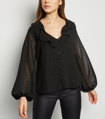 Black Chiffon Spot Frill Button Blouse | New Look