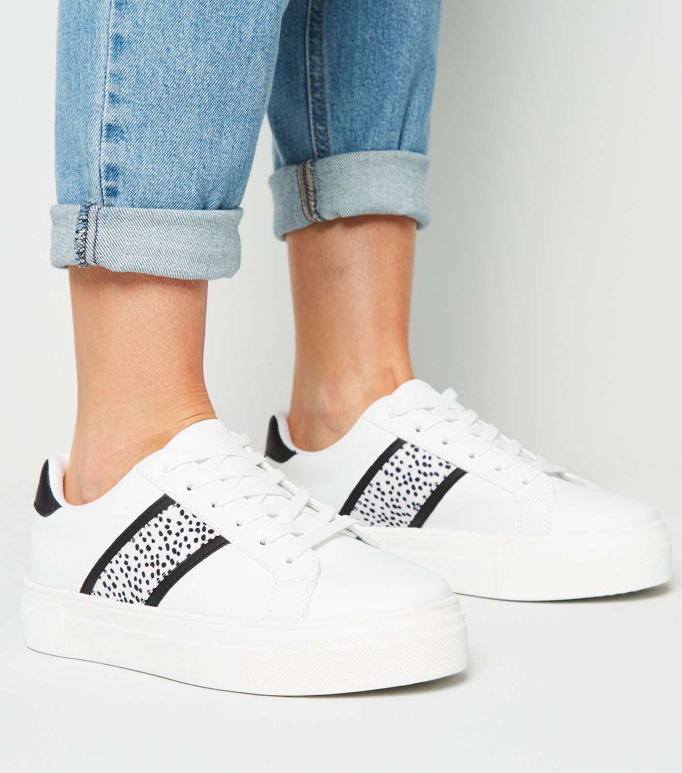 White Leather-Look Spot Stripe Lace Up Trainers Image 2