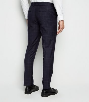 Image of Navy Grid Check Suit Trousers New Look