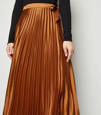 Rust Satin Pleated Wrap Midi Skirt 