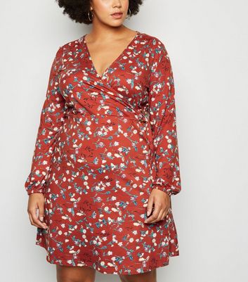 Image of Blue Vanilla Curves Red Floral Mini Wrap Dress New Look