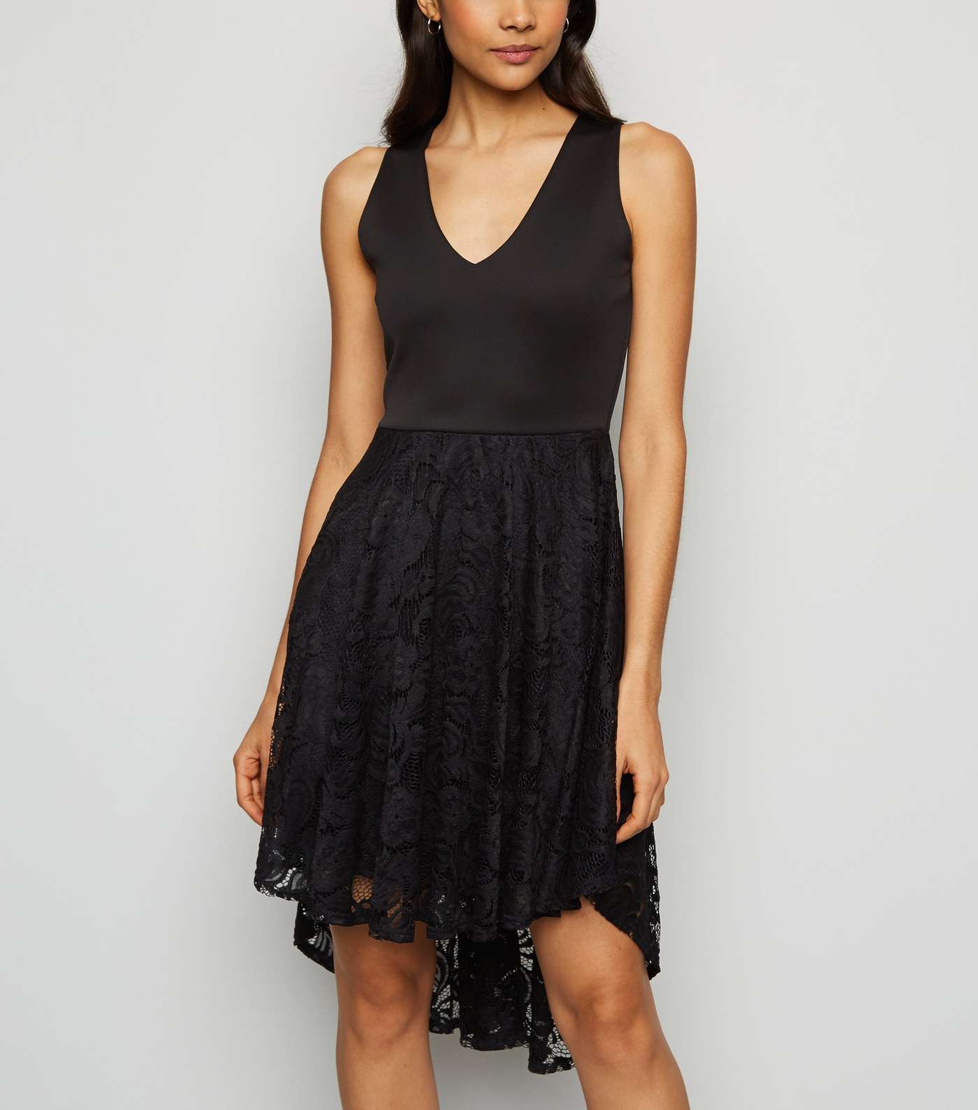 Mela Black Lace Overlay Dip Hem Dress