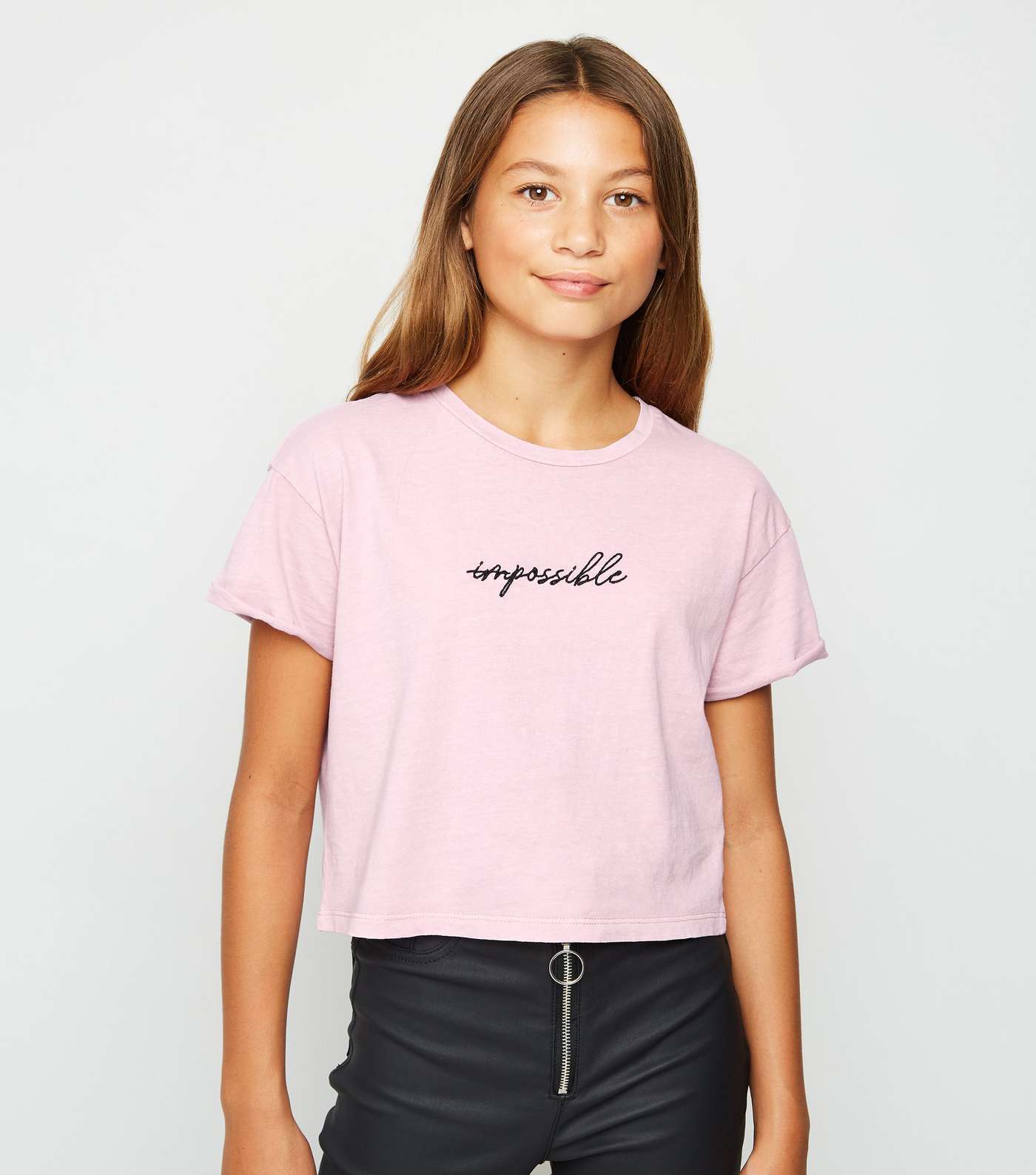 Girls Mid Pink Acid Wash Impossible Slogan T-Shirt