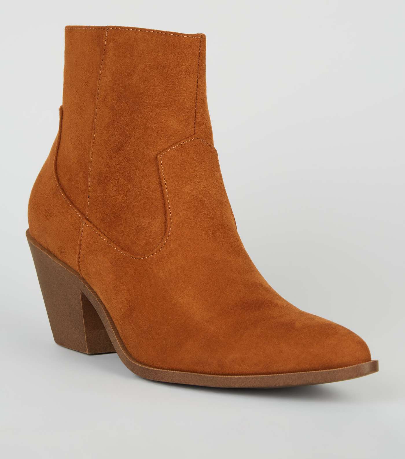 Tan Suedette Pointed Block Heel Boots