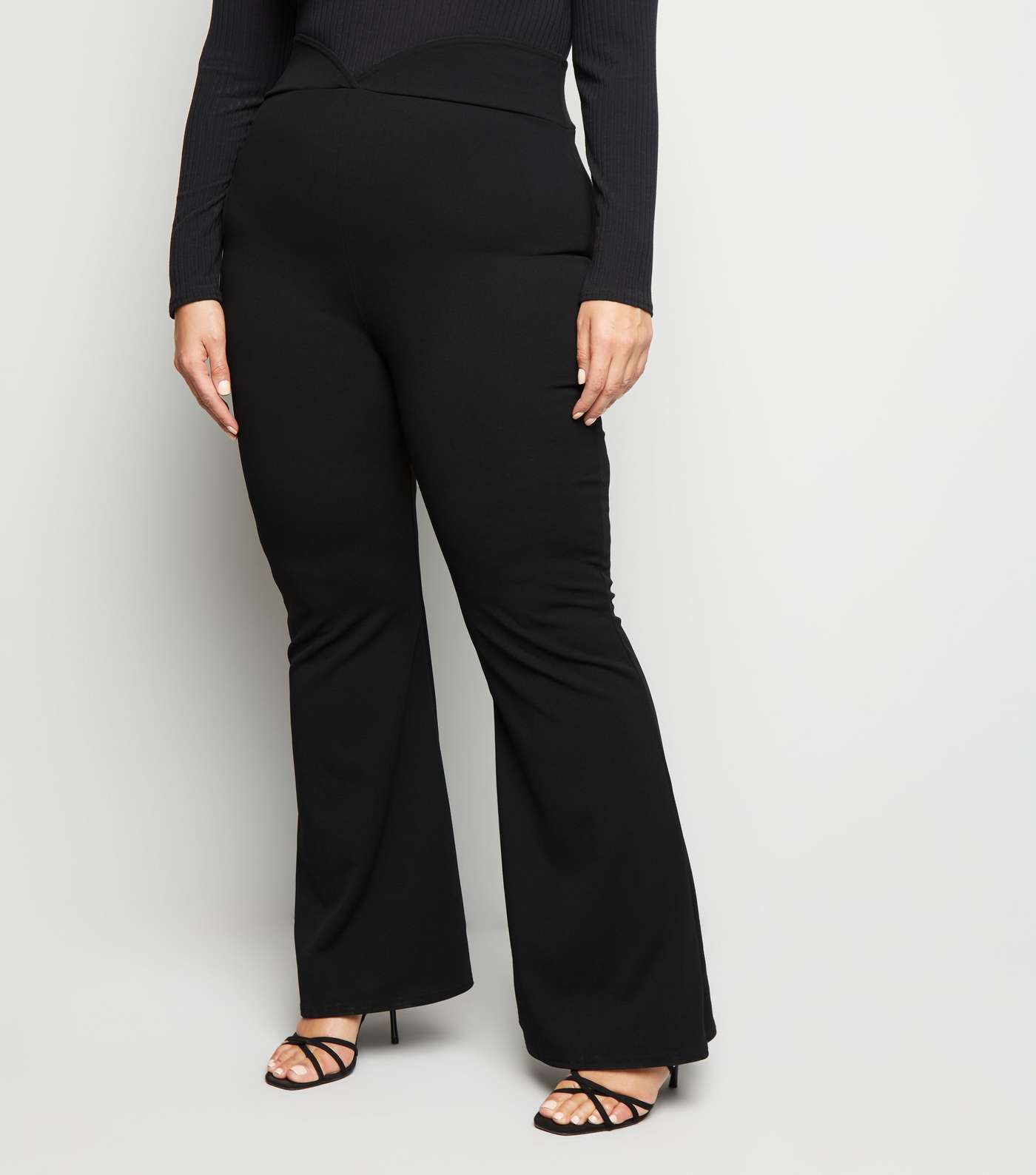 Just Curvy Black High Waist Flared Trousers Image 2