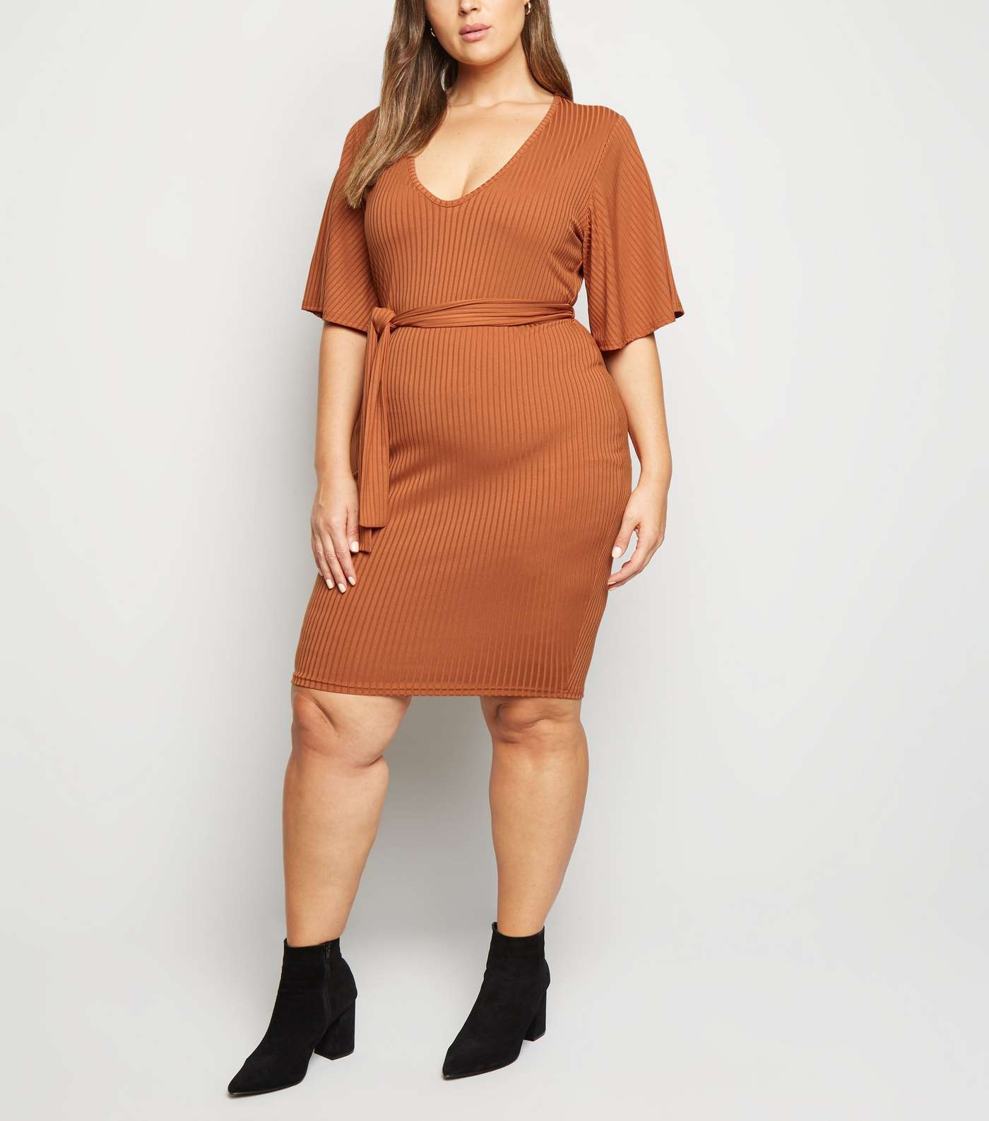 Just Curvy Rust Bell Sleeve Belted Dress Image 2