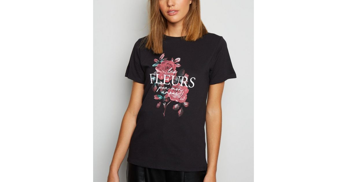 Black Les Fleurs Rose Slogan T-Shirt | New Look