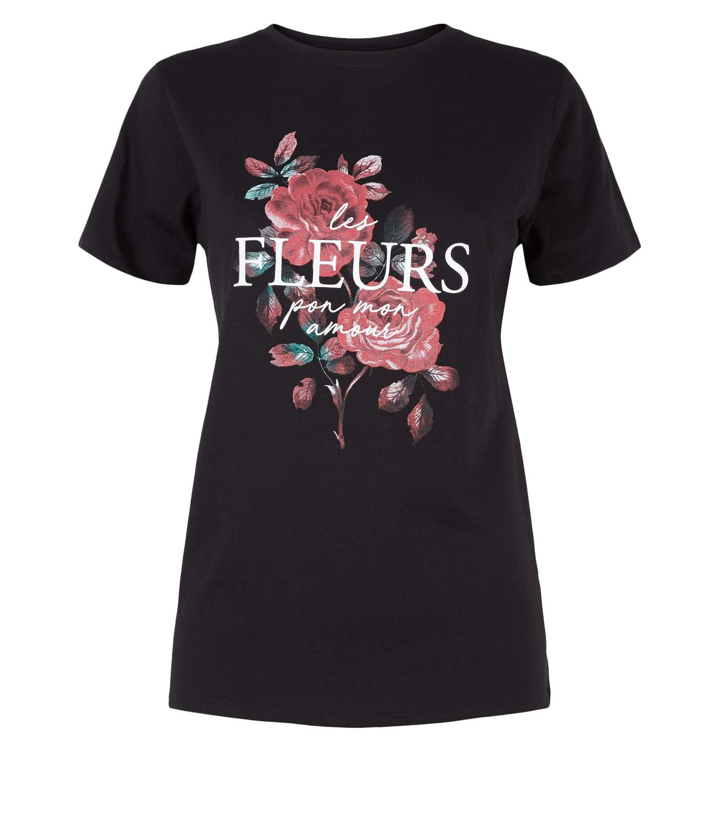 Black Les Fleurs Rose Slogan T-Shirt Image 4
