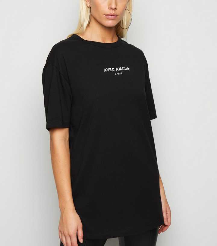 Black Avec Amour Slogan Longline T-Shirt