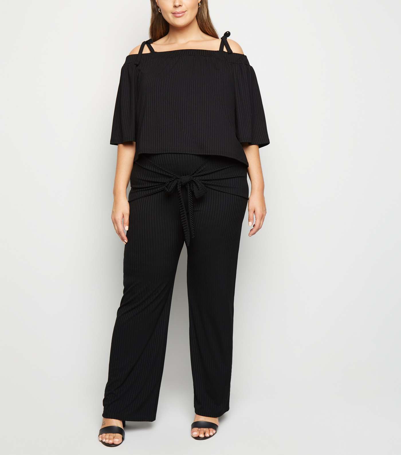 Just Curvy Black Ribbed Tie Front Trousers