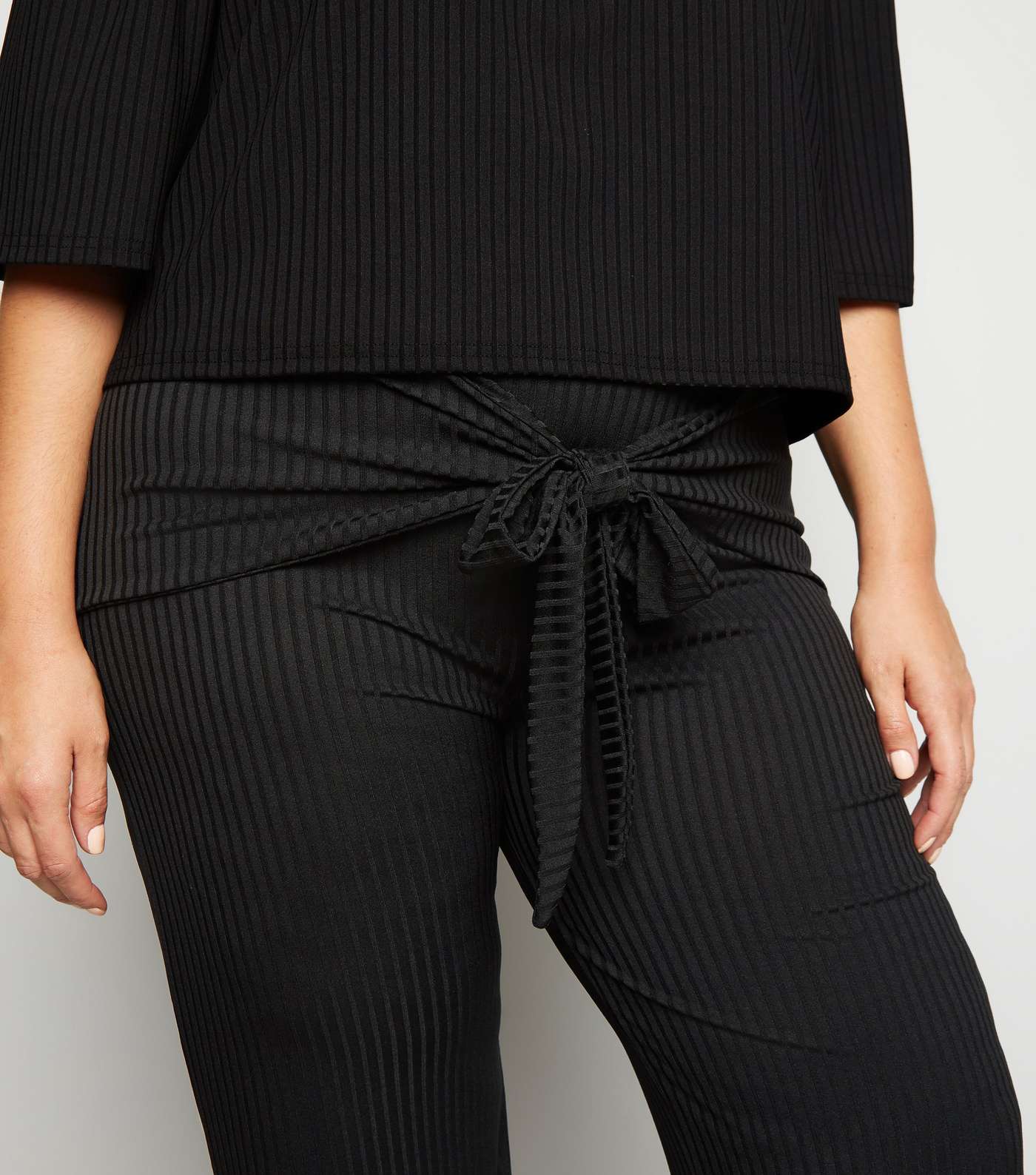 Just Curvy Black Ribbed Tie Front Trousers Image 3
