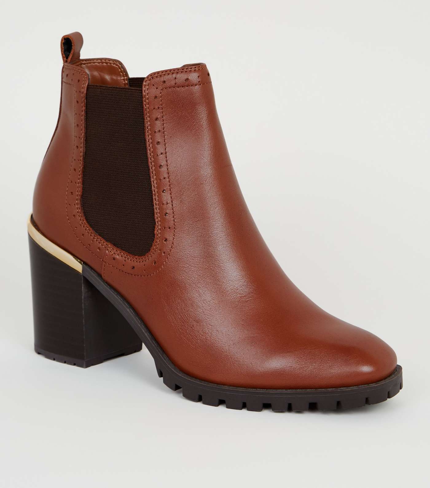 Tan Leather Brogue Chunky Heel Boots