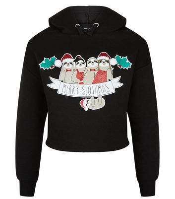 Girls Black Sloth Christmas Hoodie 