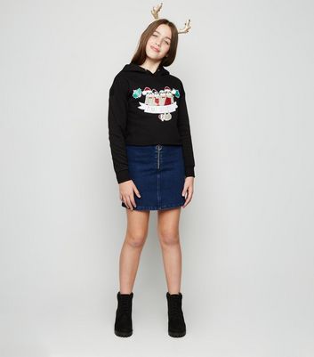 Girls Black Sloth Christmas Hoodie 