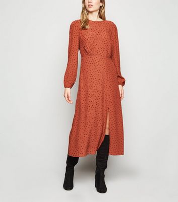 Rust Spot Long Sleeve Midi Dress | New Look