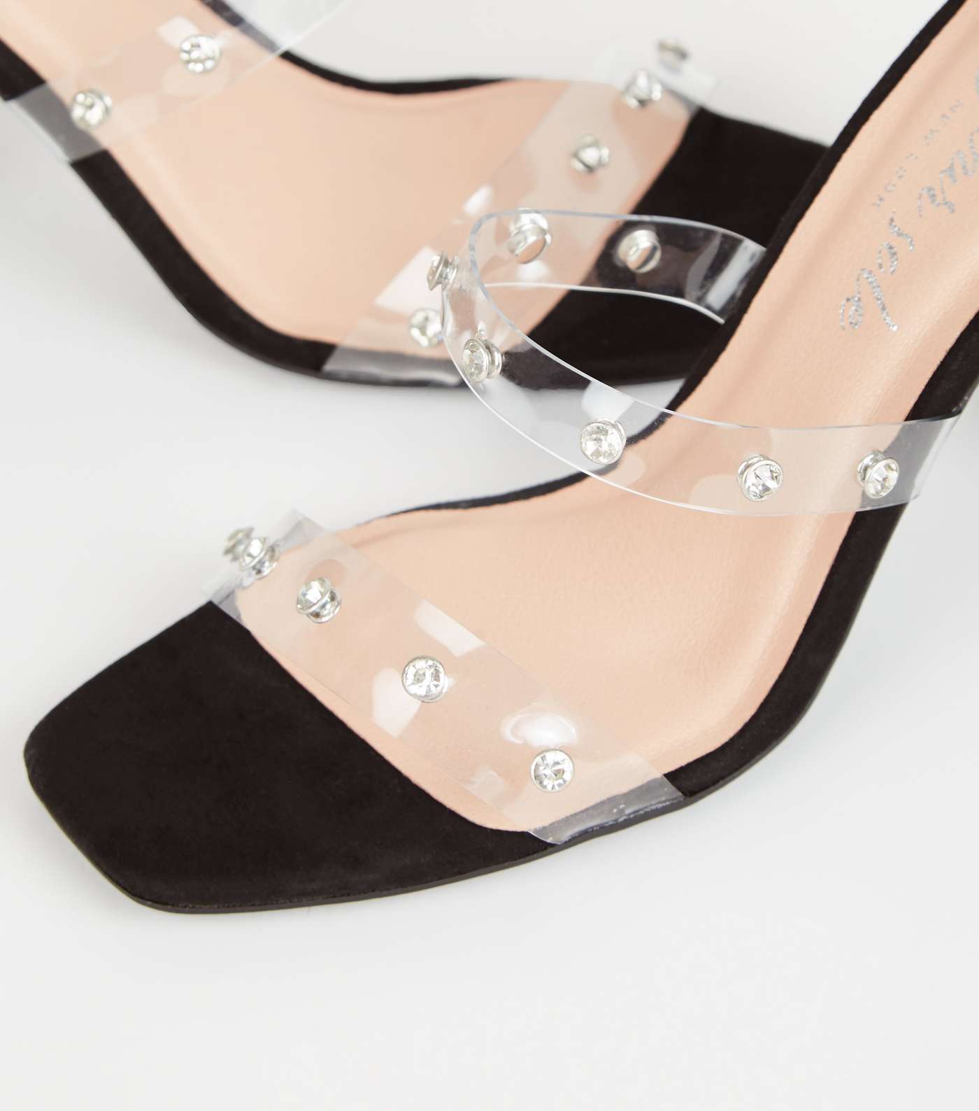 Black Suedette Diamanté Clear Strap Heels Image 4