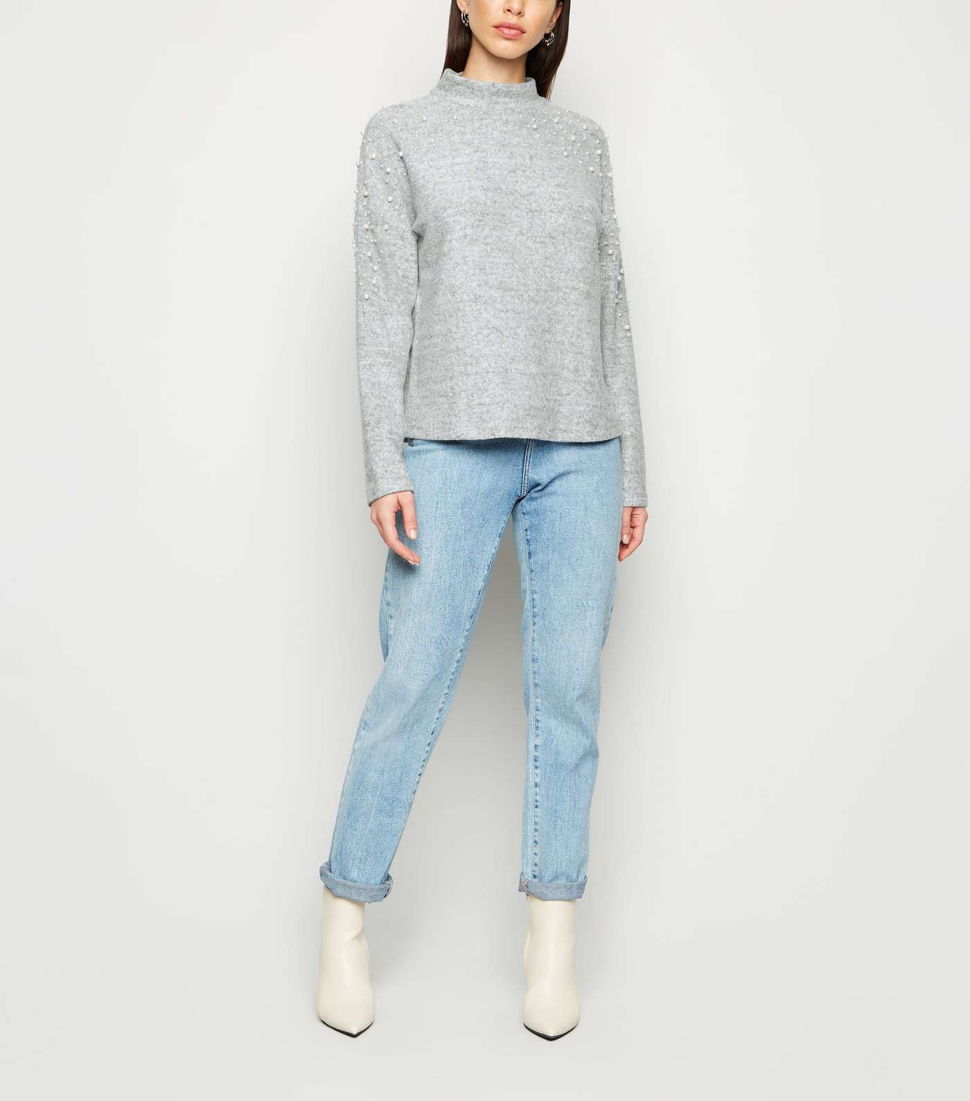 Pale Grey Faux Pearl Brushed Fine Knit Jumper Image 2