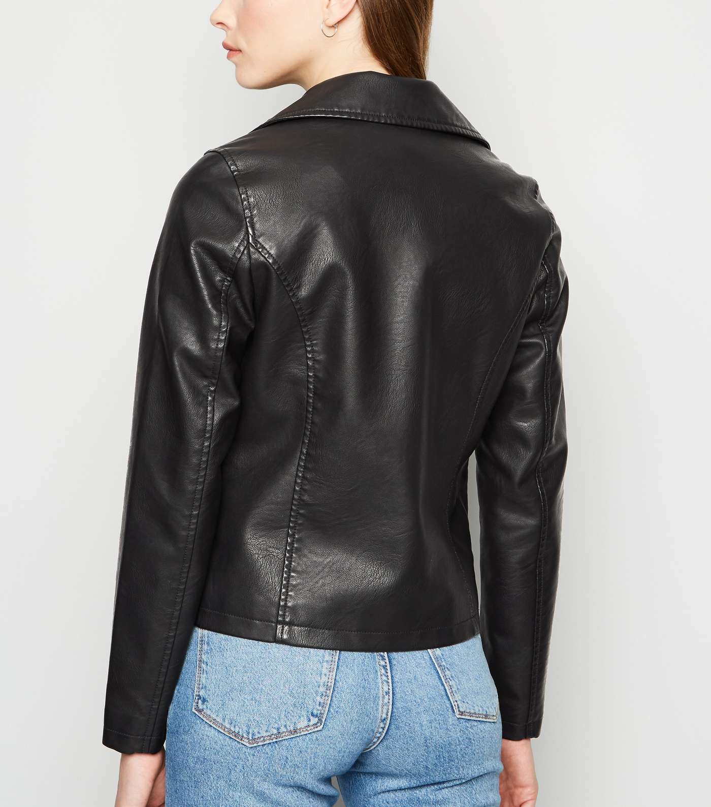 Black Coated Leather-Look Biker Jacket Image 5