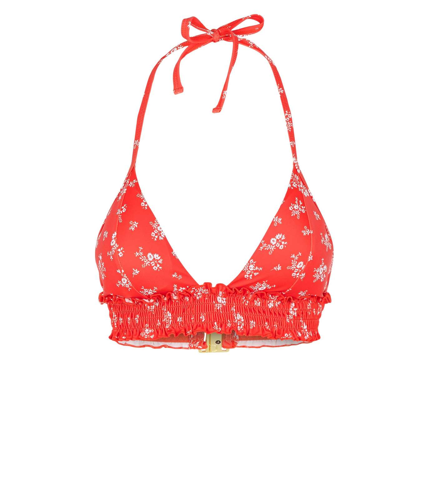 Red Ditsy Floral Shirred Longline Triangle Bikini Top Image 3