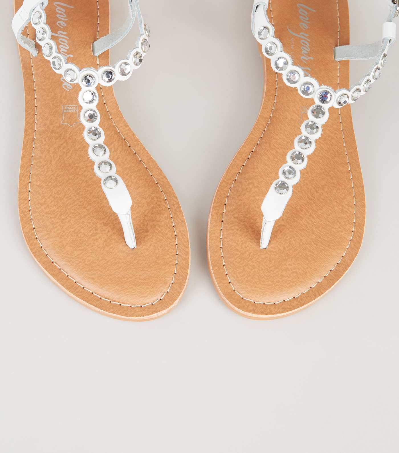 White Leather Gem Embellished Flat Sandals Image 4