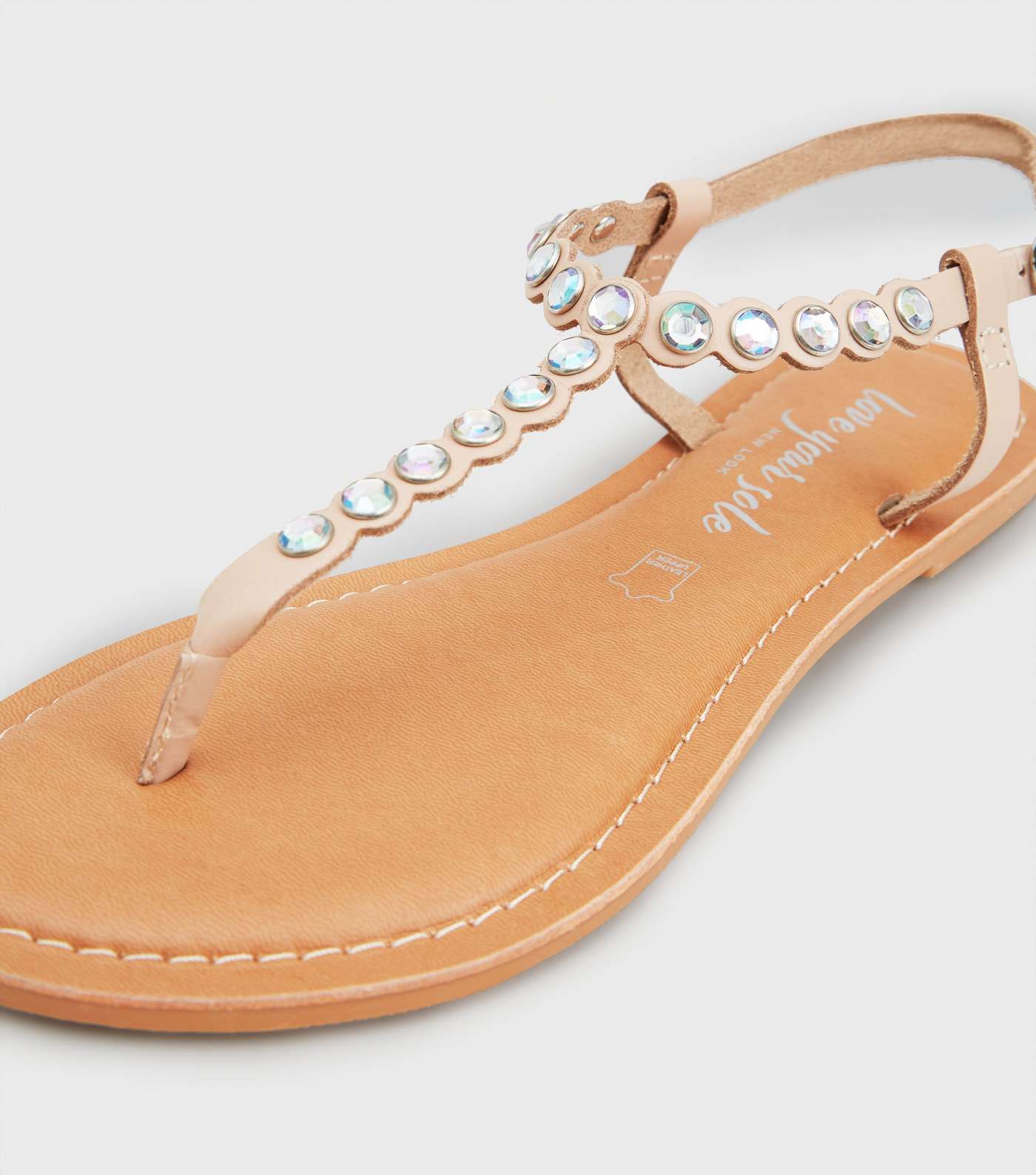 Pale Pink Leather Gem Embellished Flat Sandals Image 4