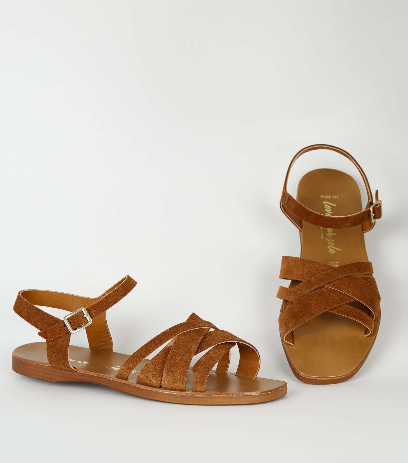 Wide Fit Tan Suede Strappy Flat Sandals Image 3
