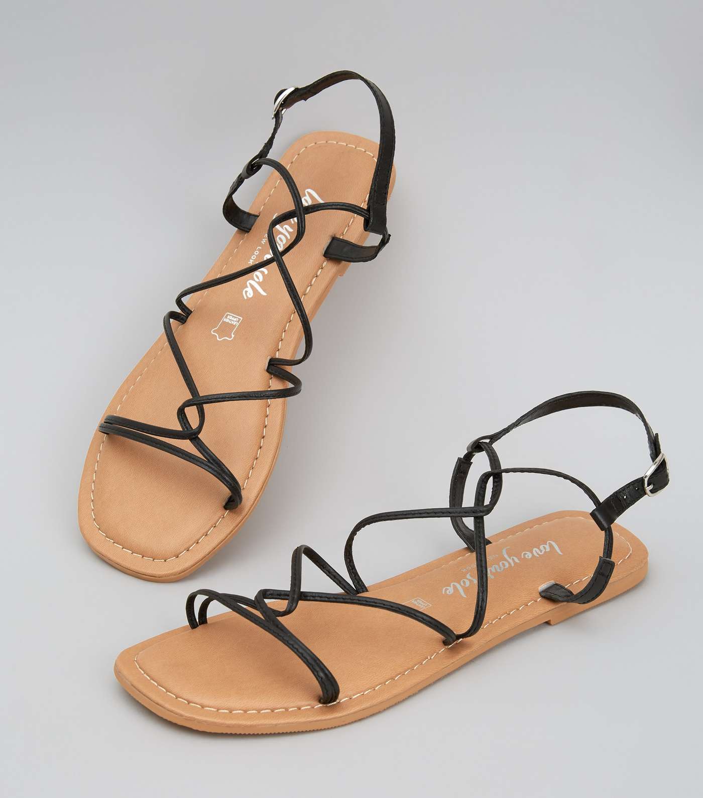 Black Leather Strappy Flat Sandals Image 4