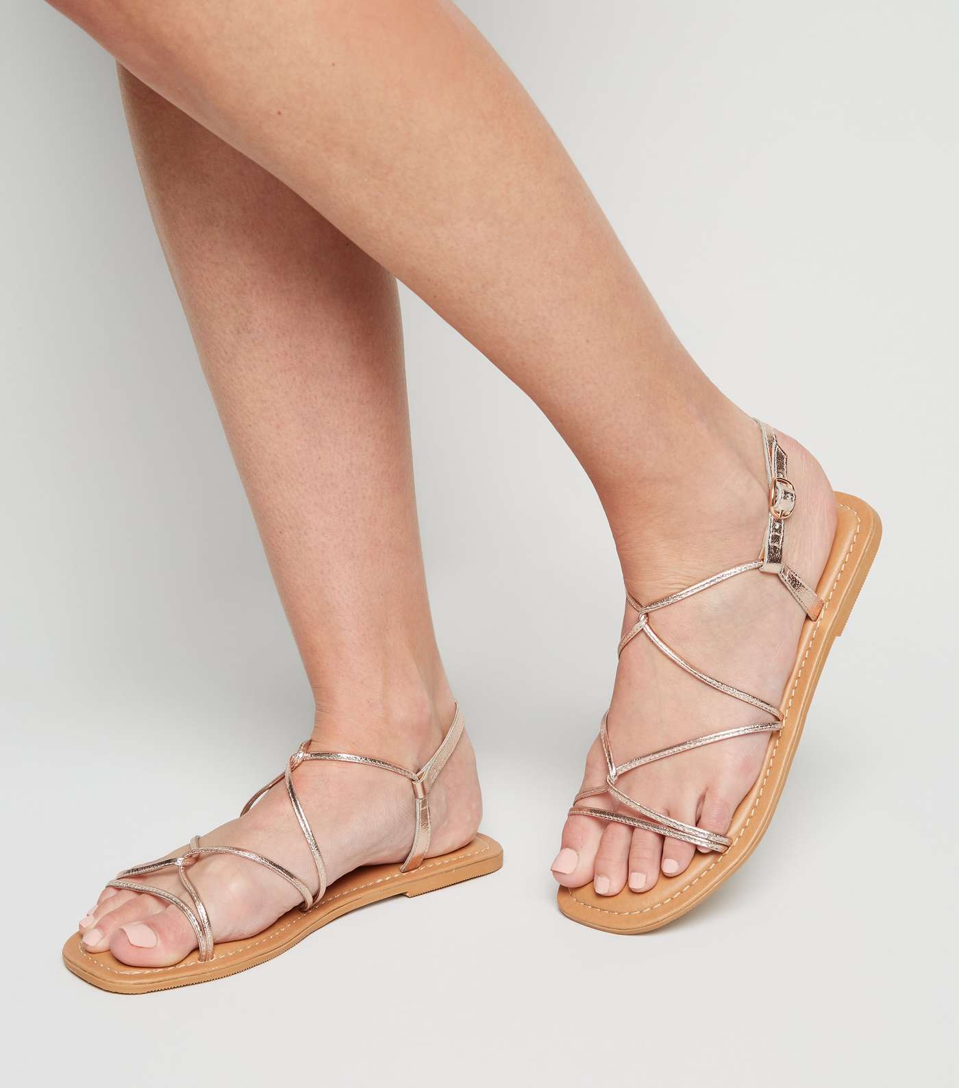 Rose Gold Leather Strappy Flat Sandals Image 2