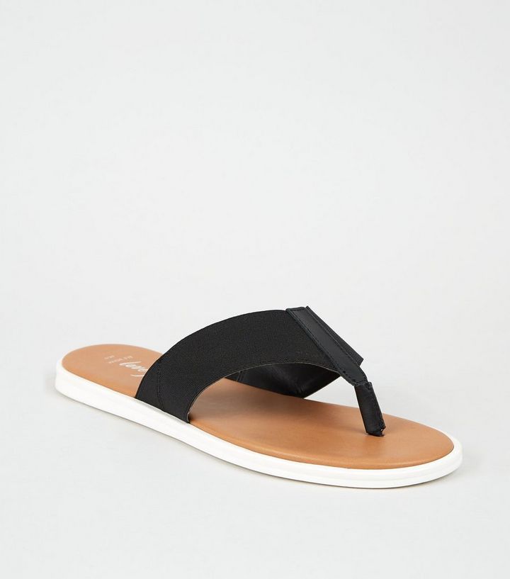 Wide Fit Schwarze Flipflops Aus Leder Mit Elastischen Riemen New Look