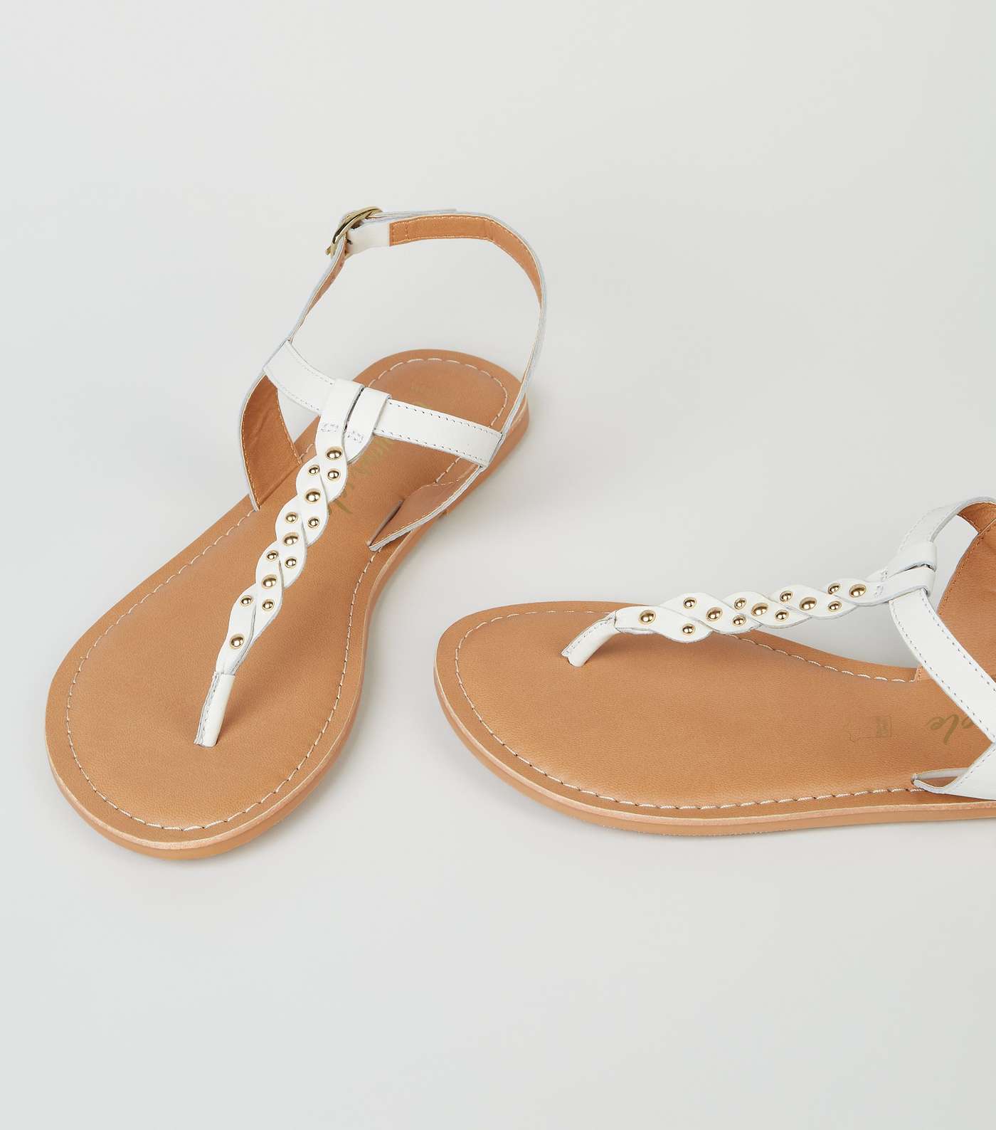 Wide Fit Off White Leather Stud Twist Sandals Image 3