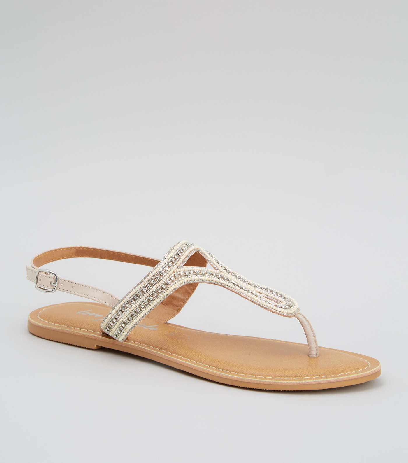 Cream Leather Bead Diamanté Strap Sandals