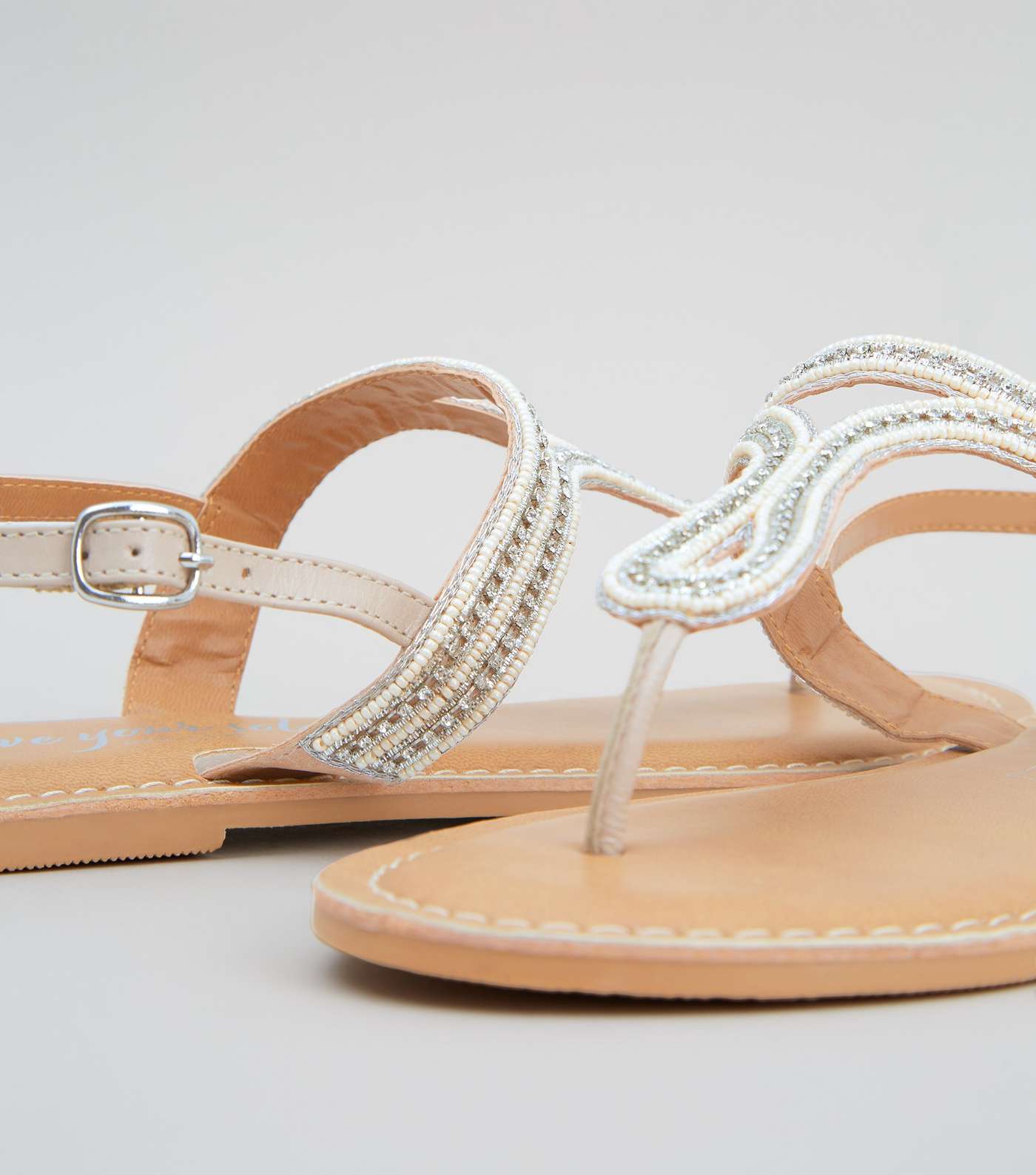 Cream Leather Bead Diamanté Strap Sandals Image 3