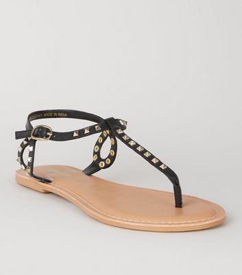 Black Leather Stud Flat Sandals | New Look