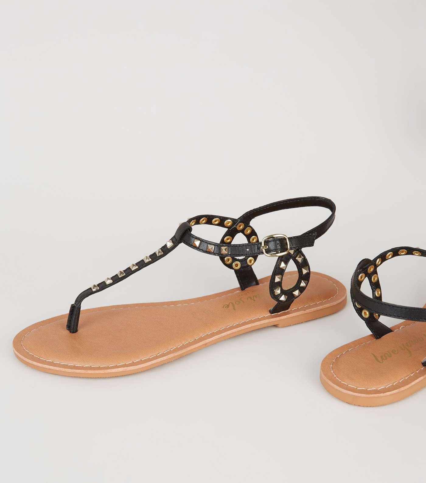 Black Leather Stud Flat Sandals Image 3