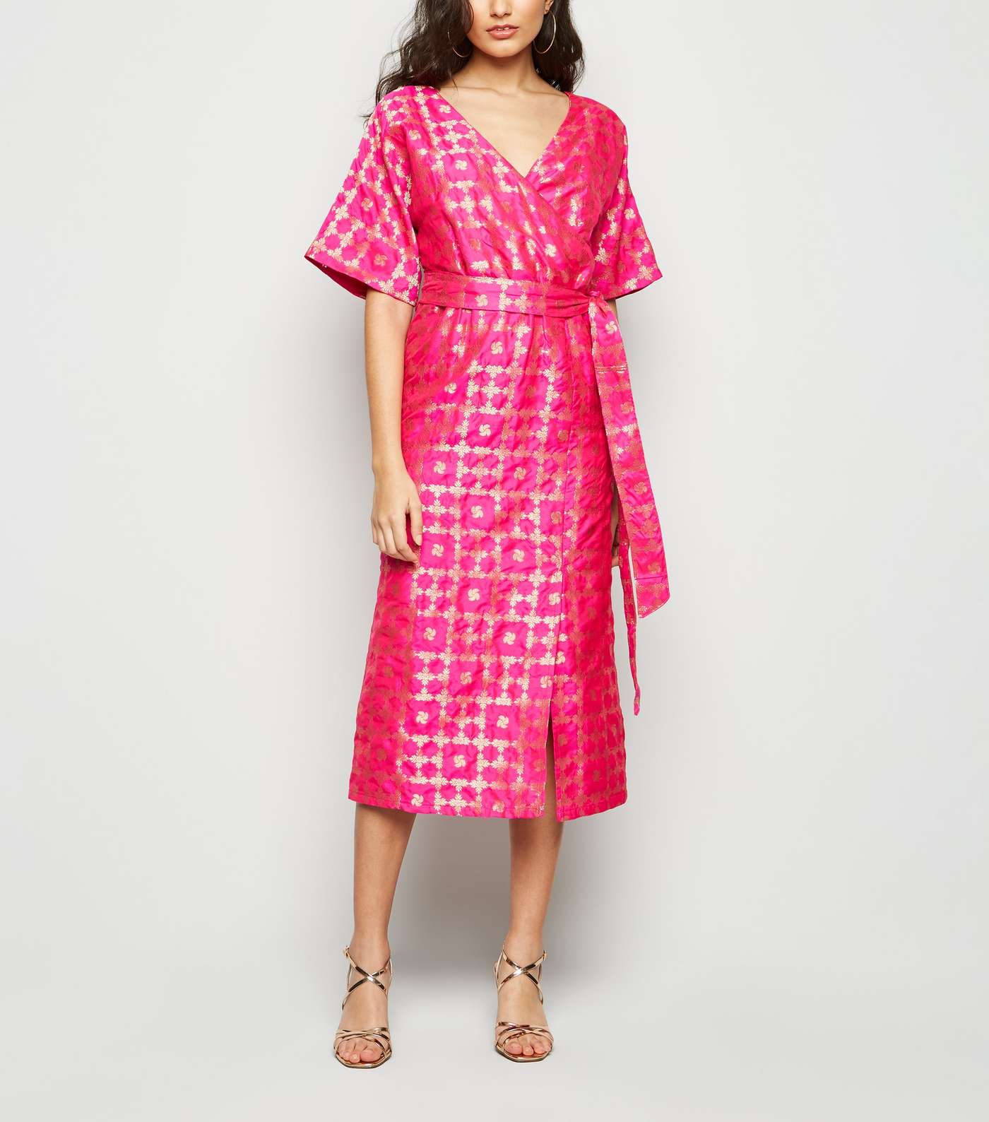Nesavaali Bright Pink Metallic Jacquard Midi Dress