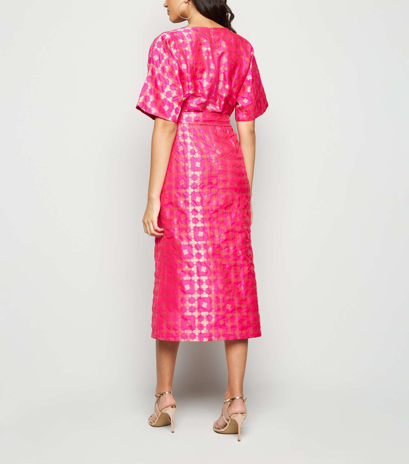 Nesavaali Bright Pink Metallic Jacquard Midi Dress Image 3