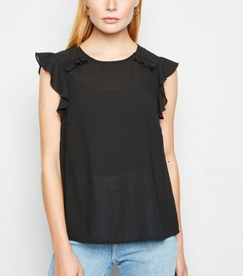 Black Chiffon Frill Trim Blouse | New Look