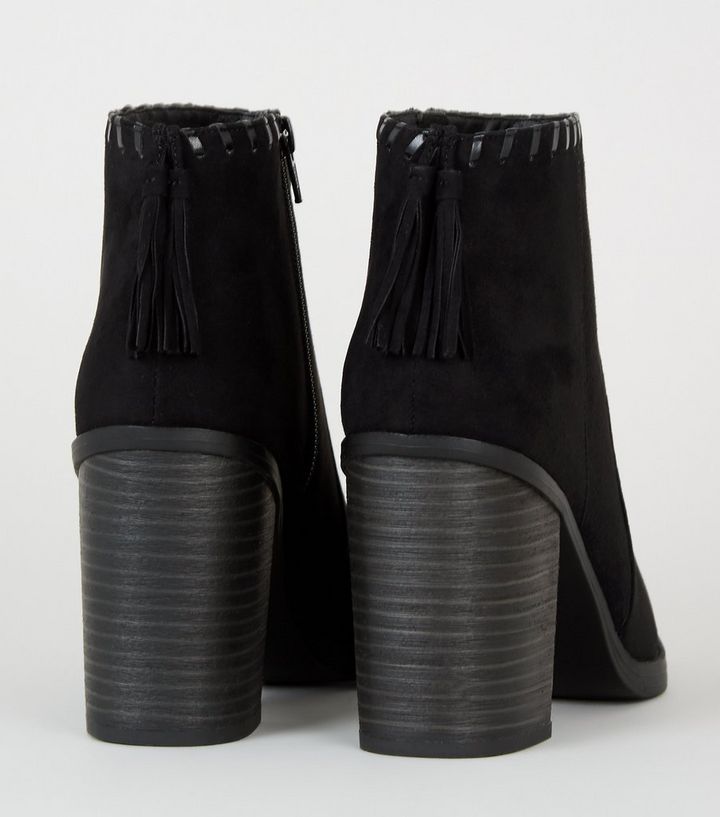 Black Comfort Whipstitch Tassel Western Boots New Look