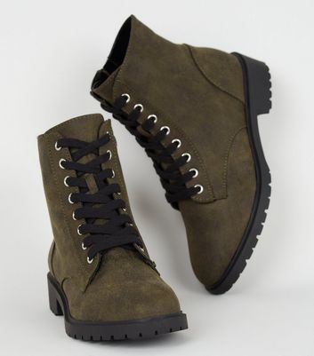 Khaki Leather-Look Flat Lace Up Boots 