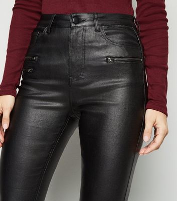 Black Leather-Look Double Zip Super Skinny Jeans