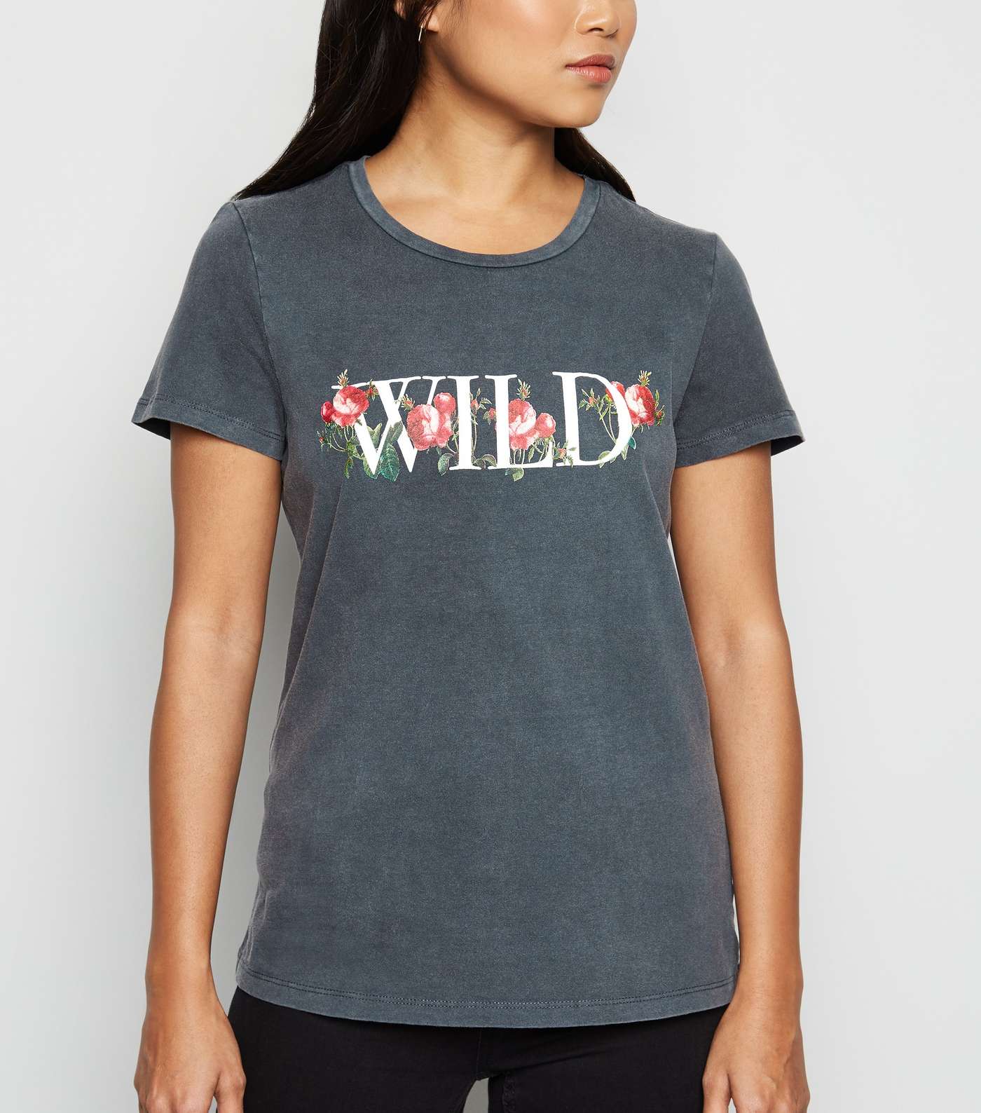 Petite Dark Grey Wild Rose Slogan T-Shirt