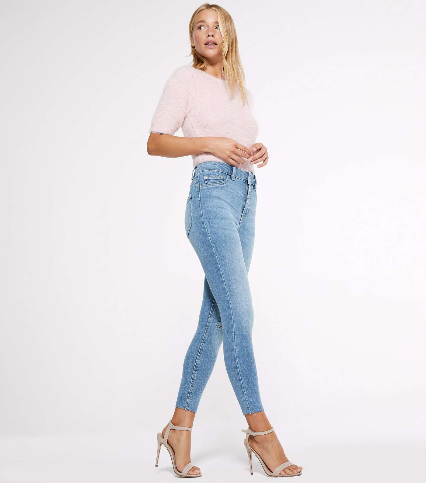 Petite Blue Ripped High Waist Hallie Super Skinny Jeans