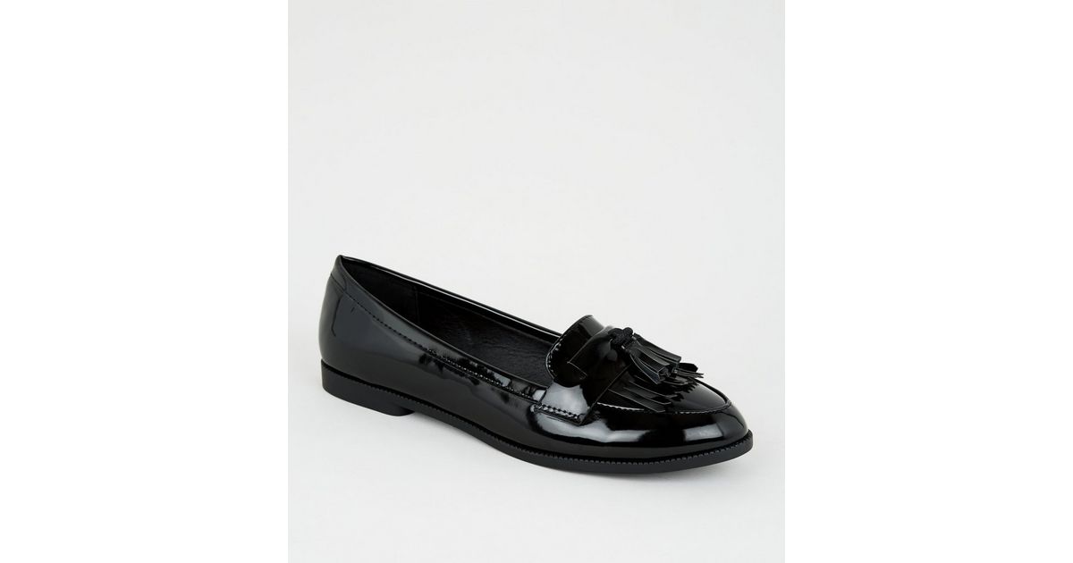 Wide Fit Black Patent Tassel Loafers | New Look