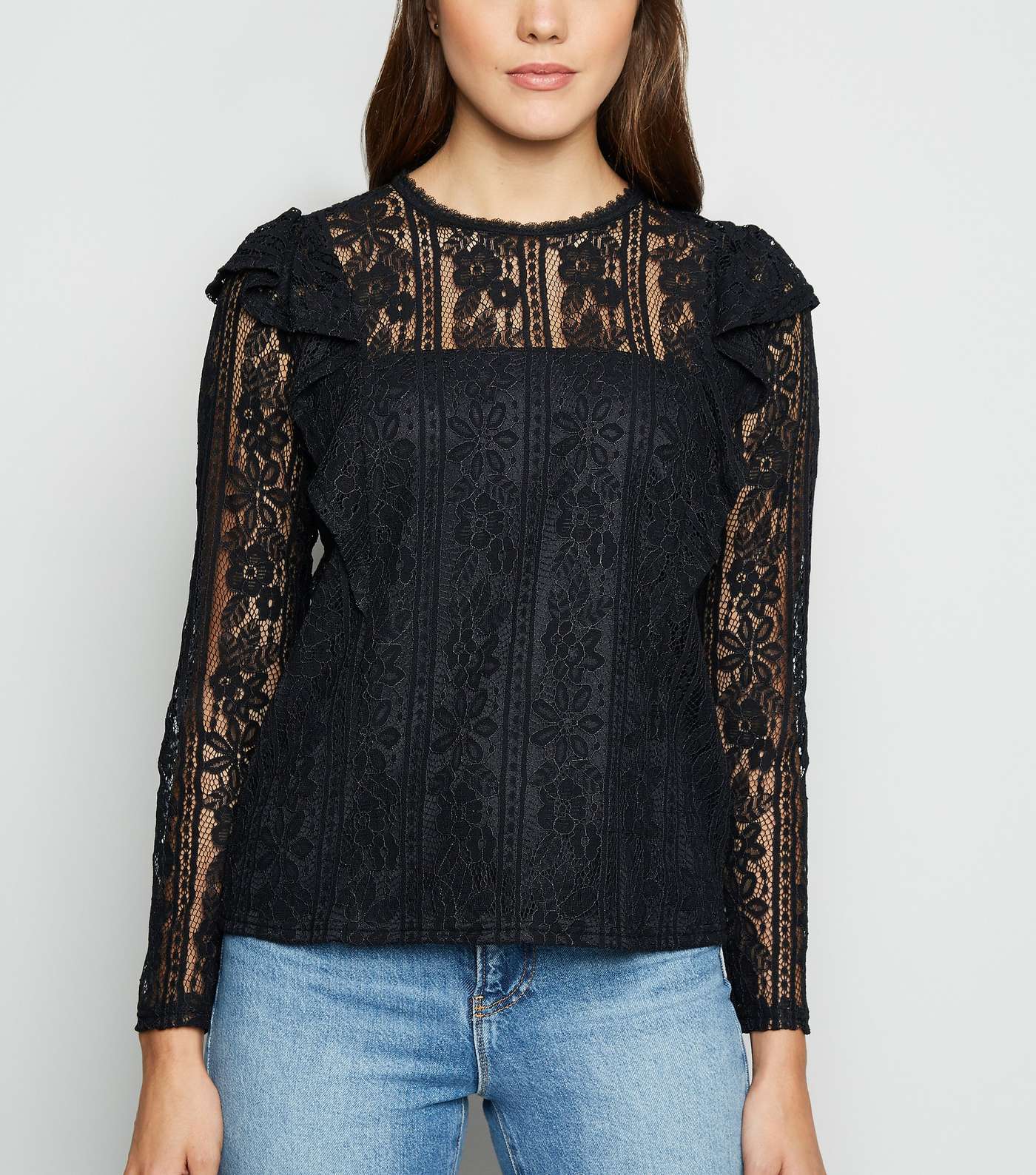 Black Lace Long Sleeve Frill Trim Top