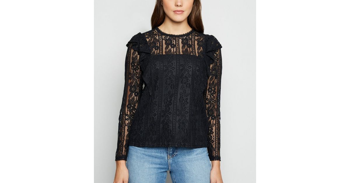 Black Lace Long Sleeve Frill Trim Top | New Look