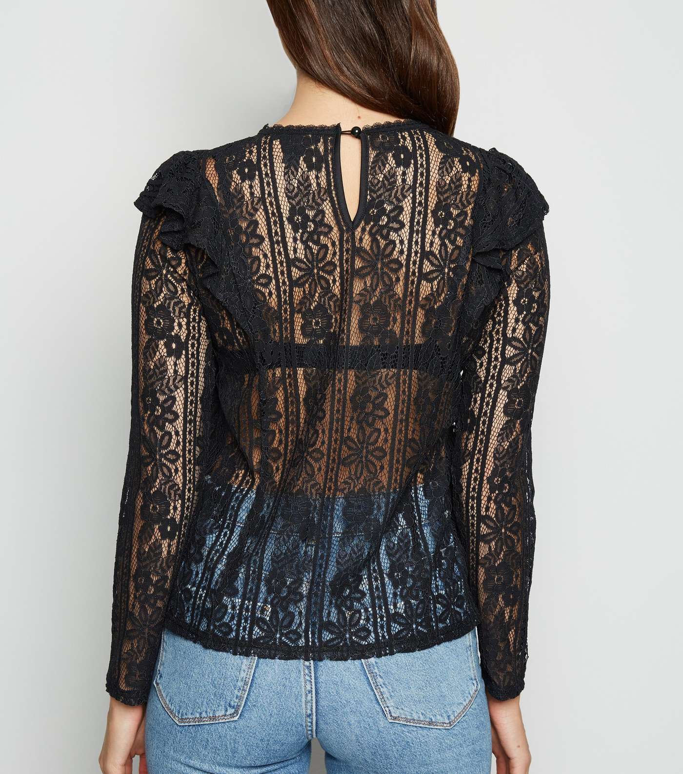 Black Lace Long Sleeve Frill Trim Top Image 3