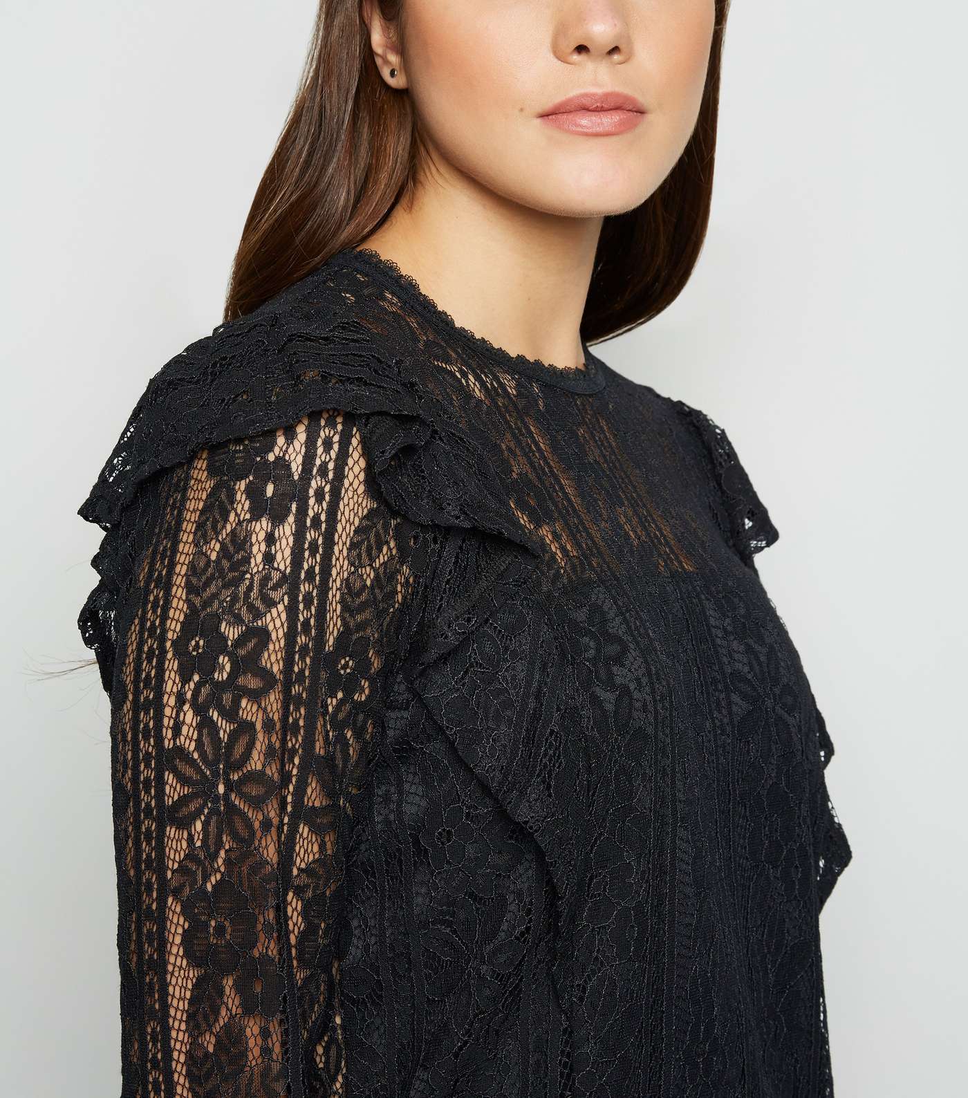 Black Lace Long Sleeve Frill Trim Top Image 5