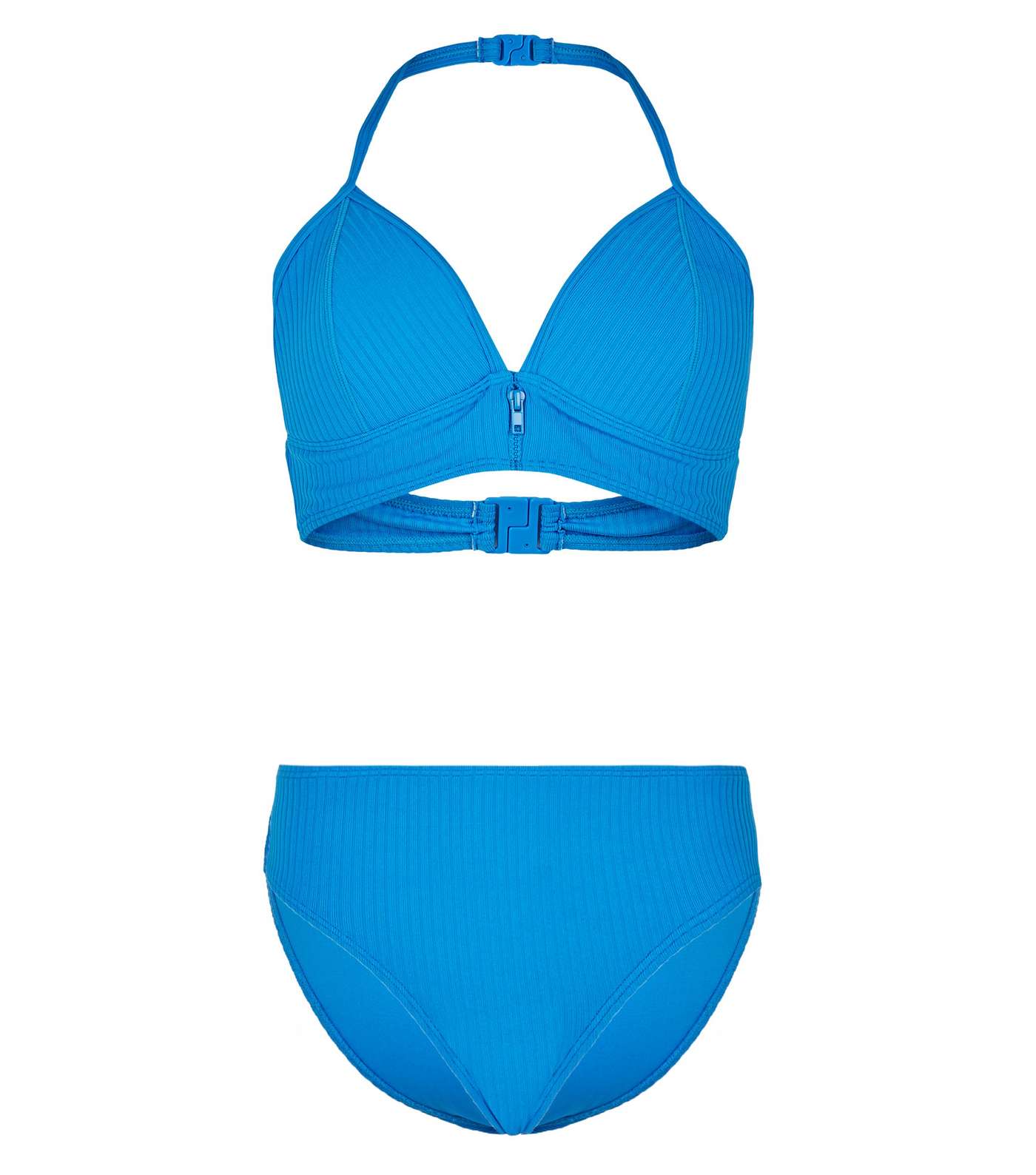 Girls Bright Blue Ribbed Zip Bikini Set