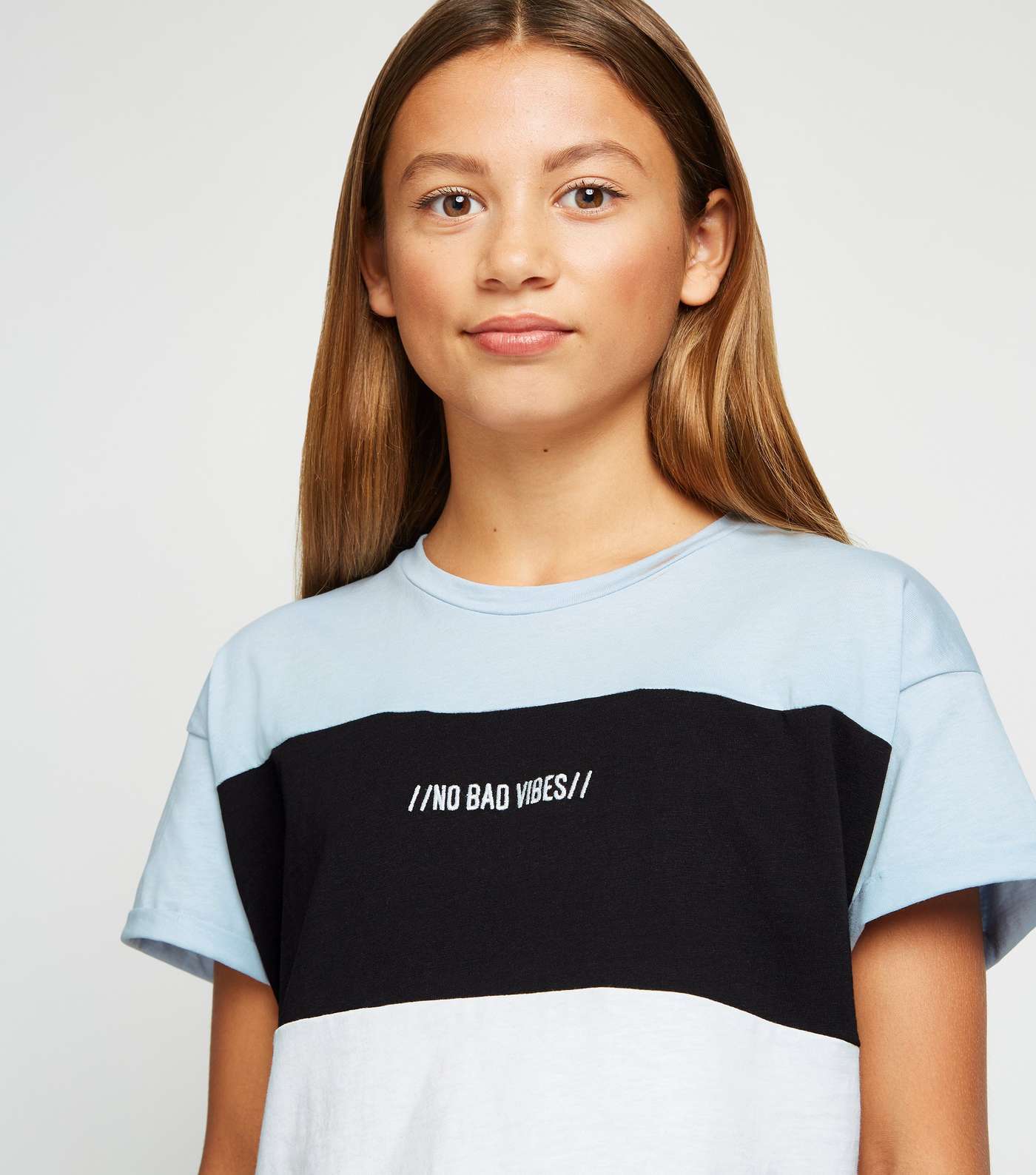 Girls Blue Colour Block Bad Vibes Slogan T-Shirt  Image 5
